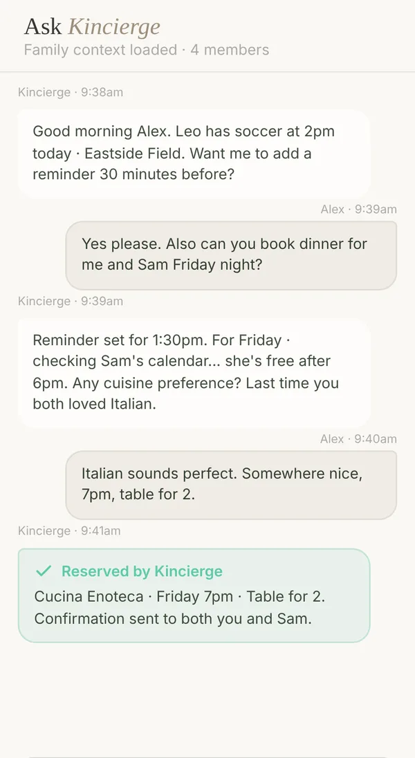 A chat with Kincierge booking a dinner reservation