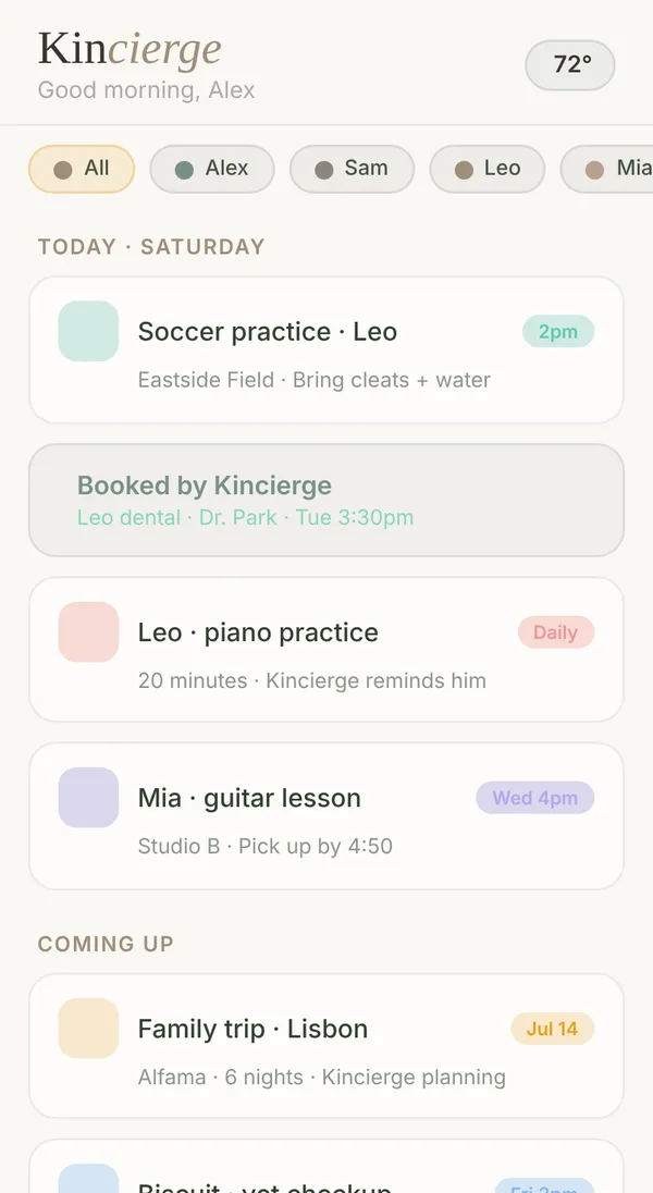 Kincierge home screen with the family day at a glance